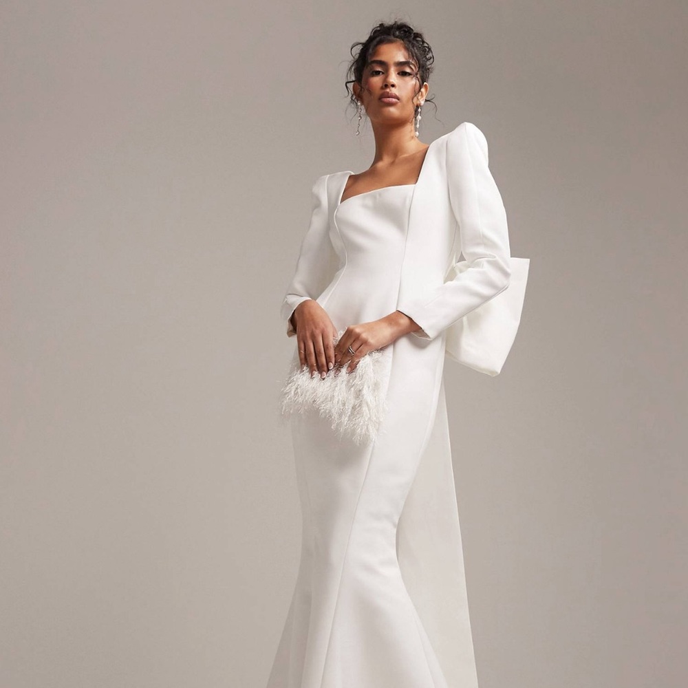 ASOS DESIGN Toby statement square neck and bow back wedding dress in ivory